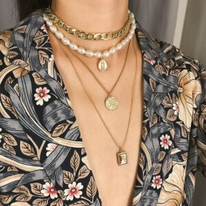 Vintage coin gemstone necklace sweater chain female personality temperament multi-layer pearl necklace